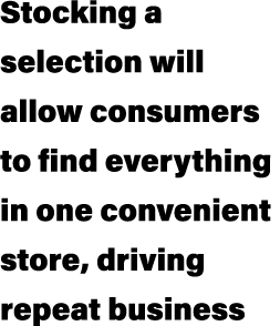 Stocking a selection will allow consumers to find everything in one convenient store, driving repeat business