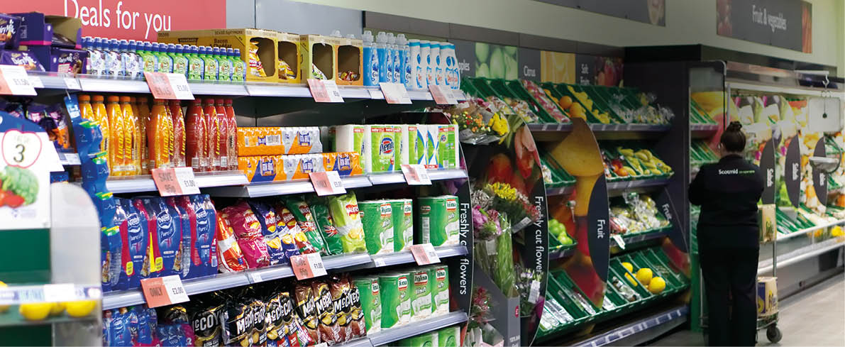 WEST CALDER, SCOTLAND, UK - AUGUST 24, 2017. A supermarket food aisle at Scotmid Co-operative supermarket.