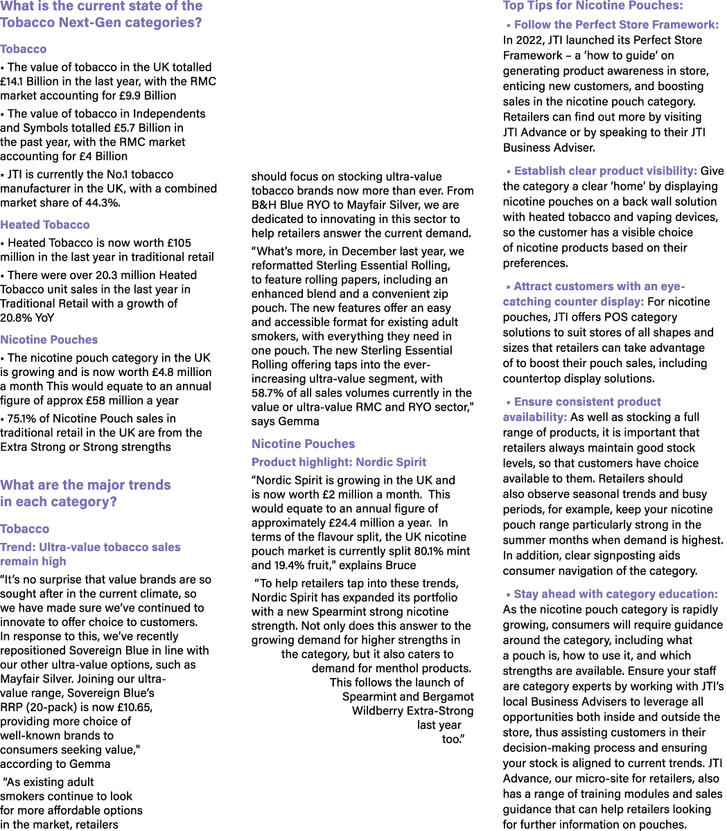 What is the current state of the Tobacco Next Gen categories? Tobacco • The value of tobacco in the UK totalled £14.1...