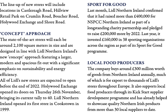 The line-up of new stores will include locations in Castlereagh Road, Hillview Retail Park on Crumlin Road, Boucher R   