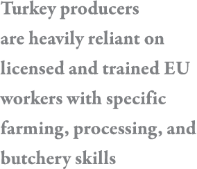 Turkey producers are heavily reliant on licensed and trained EU workers with specific farming, processing, and butche   