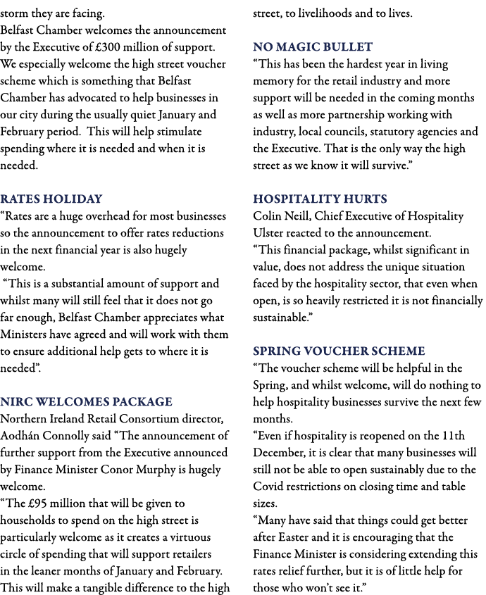 storm they are facing  Belfast Chamber welcomes the announcement by the Executive of  300 million of support  We espe   