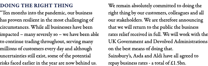 Doing the right thing  Ten months into the pandemic, our business has proven resilient in the most challenging of cir   