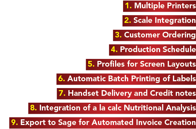 1  Multiple Printers 2  Scale Integration 3  Customer Ordering 4  Production Schedule 5  Profiles for Screen Layouts    