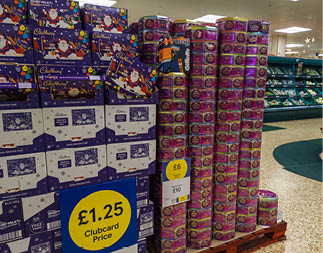 Bexhill-On-Sea, East Sussex, United Kingdom - December 17th 2022: Impressive christmas display of sweets at reduced clubcard prices in a Tesco supermarket