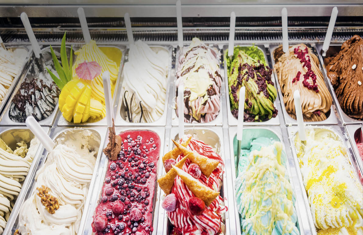 classic italian gourmet gelato gelatto ice cream display in shop