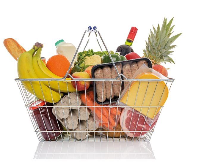 Wire shopping basket full of groceries including fresh fruit, vegetables, milk, wine, meat and dairy products. Isolated on a white background.