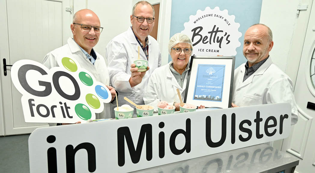 Trevor Boyd alongside his wife Barbara and daughter Bethany, have scooped up a business opportunity and launched their very own artisan ice cream business - Betty’s Ice Cream - thanks to the help of the Go For It programme in association with Mid Ulster District Council.  Pictured left to right is Councillor Dominic Molloy, Chair of Mid Ulster District Council, Trevor Boyd, Co- Founder of Betty’s Ice Cream, Barbara Boyd, Co- Founder of Betty’s Ice Cream, Jarlath Anderson, Business Advisor at Enterprise NI Dungannon. 