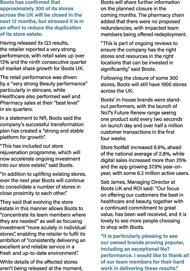 Boots has confirmed that approximately 300 of its stores across the UK will be closed in the next 12 months, but stre...