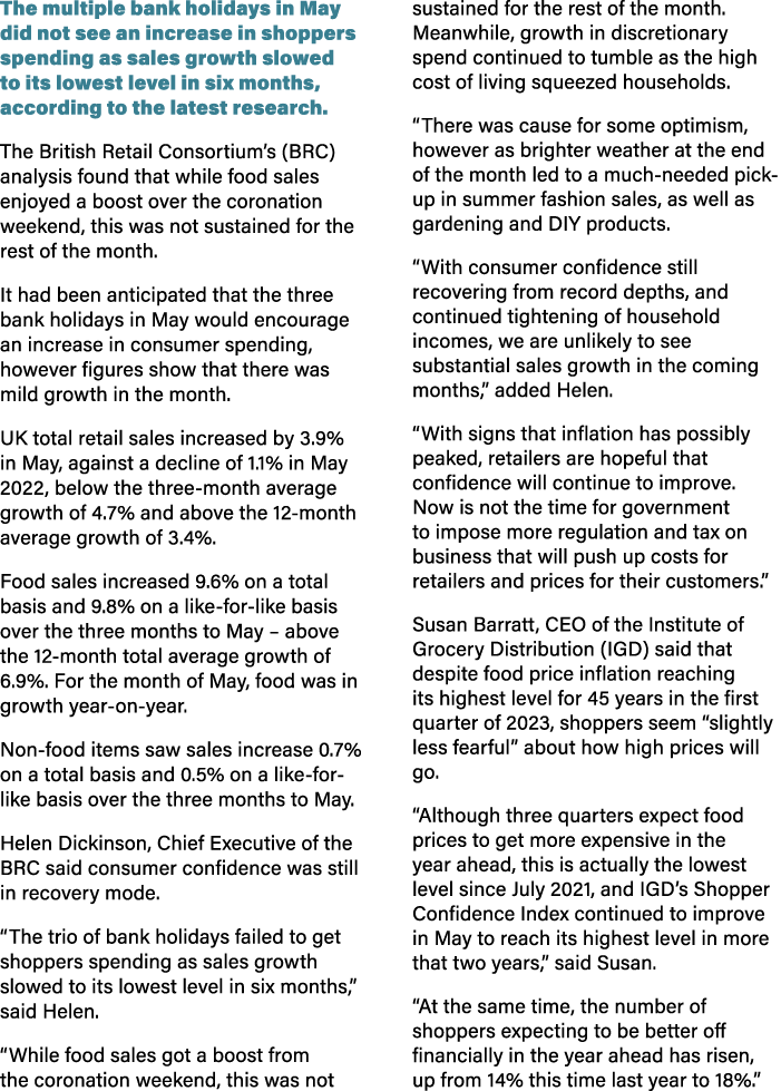 The multiple bank holidays in May did not see an increase in shoppers spending as sales growth slowed to its lowest l...