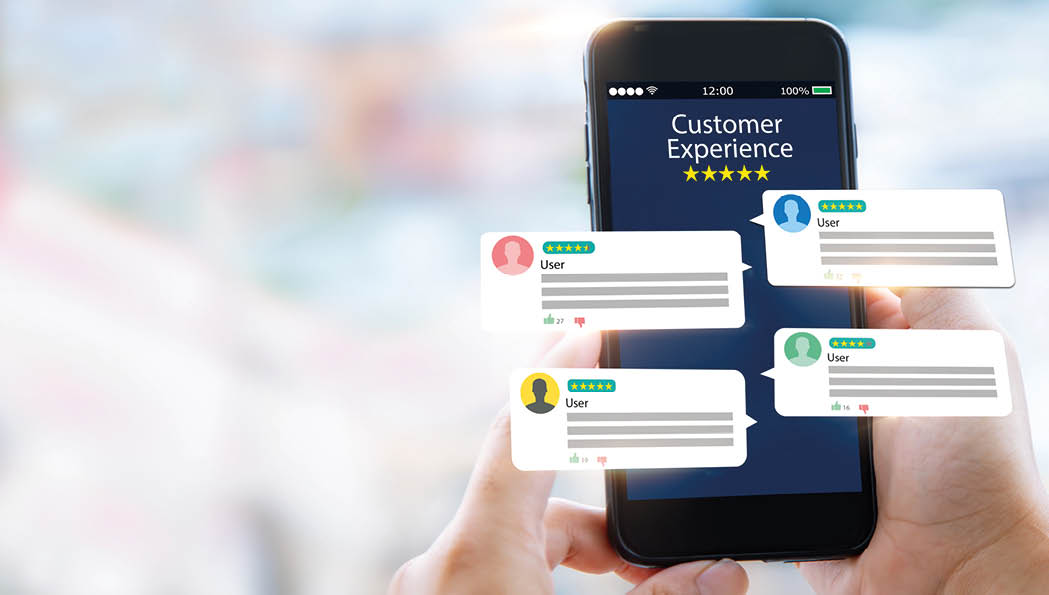 customer experience,review concept.Hands holding mobile phone