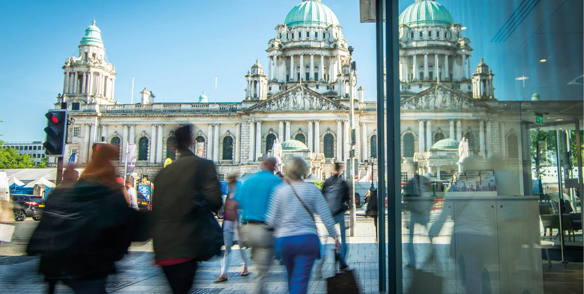 Motion blurred people on Belfast high street 