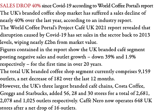 Sales drop 40% since Covid-19 according to World Coffee Portal s report The UK s branded coffee shop market has suffe   