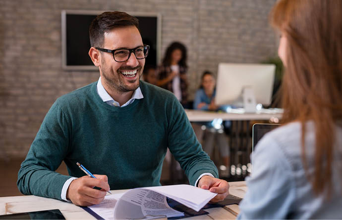 Job interview, businessman listen to candidate answers 