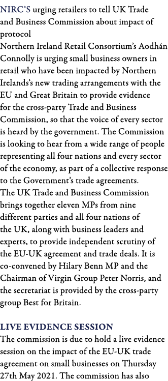 NIRC s urging retailers to tell UK Trade and Business Commission about impact of protocol Northern Ireland Retail Con   