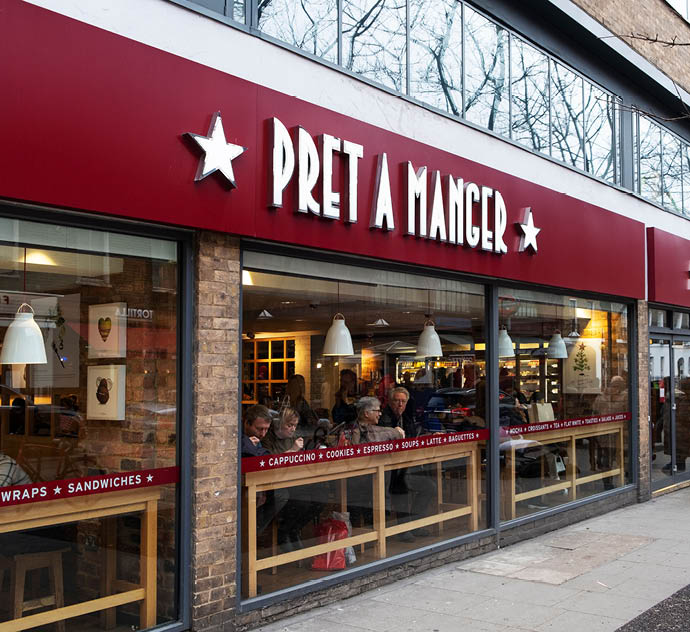 LONDON, UK - DECEMBER 30, 2018: The storefront of a Pret a Manger franchise at Bernard Street in London  Pret a Manger is a popular fast casual restaurant chain based in the United Kingdom