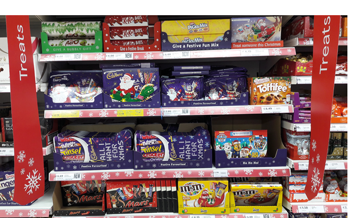 Limerick, Ireland - Nov 8th, 2017: Famous Christmas tradition in Ireland and the UK, giving Christmas chocolate selection boxes. Selection of chocolates and chocolate candy sweets on shelves in store