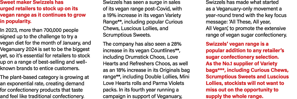 Sweet maker Swizzels has urged retailers to stock up on its vegan range as it continues to grow in popularity. In 202...