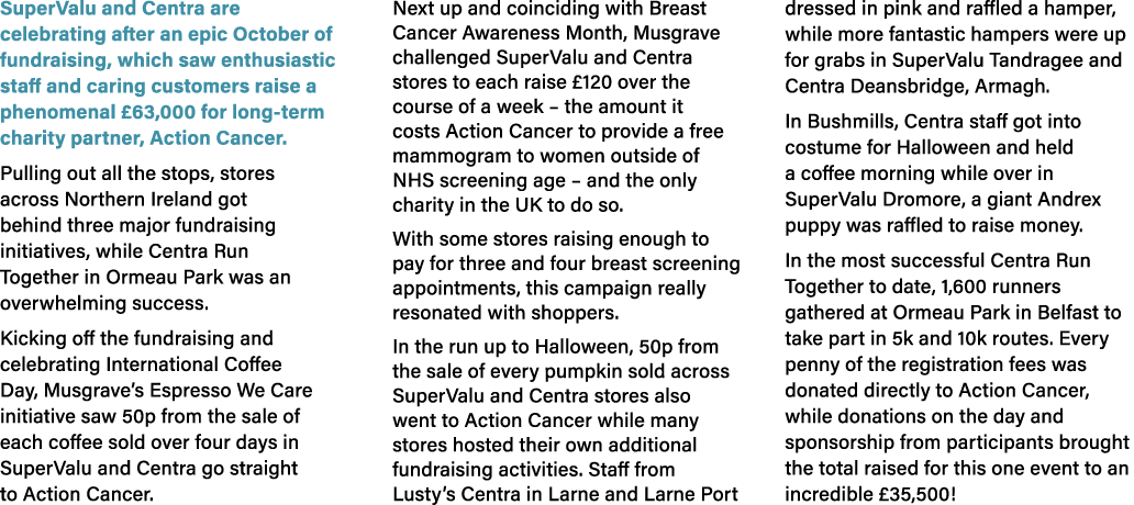 SuperValu and Centra are celebrating after an epic October of fundraising, which saw enthusiastic staff and caring cu...