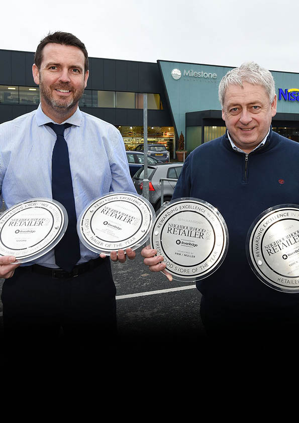 Milestone Rathfriland, supermarket   Pic:  Noel Hadden; manager and Tom McAvoy 