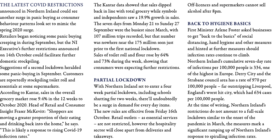 The latest Covid restrictions announced in Northern Ireland could see another surge in panic buying as consumer behav   