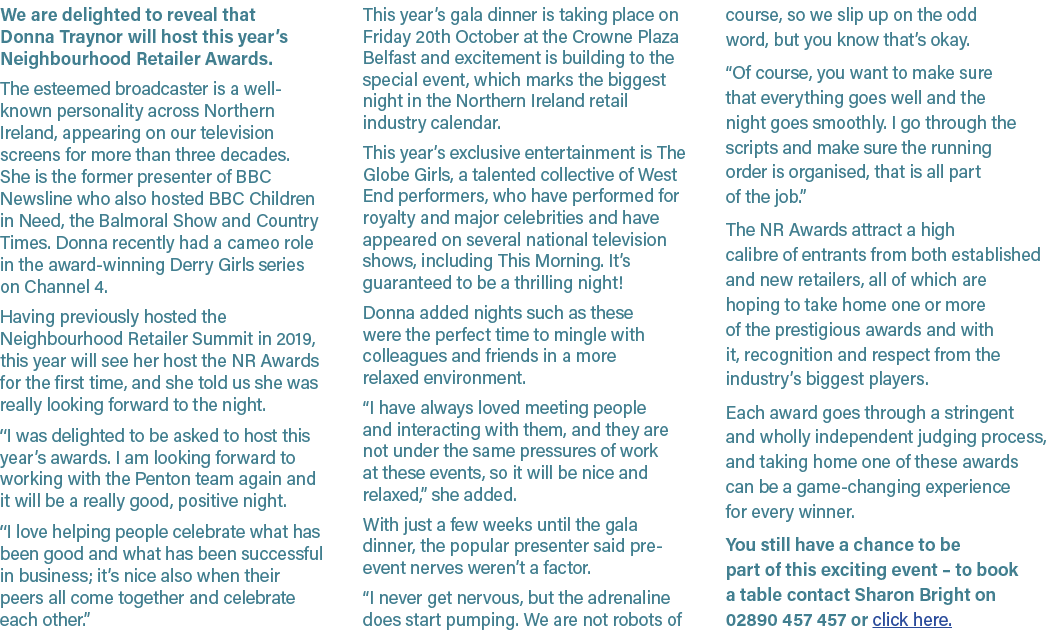 We are delighted to reveal that Donna Traynor will host this year’s Neighbourhood Retailer Awards. The esteemed broad...