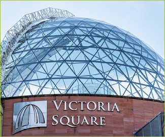 Belfast, UK- Feb 19, 2022: Victoria Square shopping centre glass dome in Belfast Northern Ireland.
