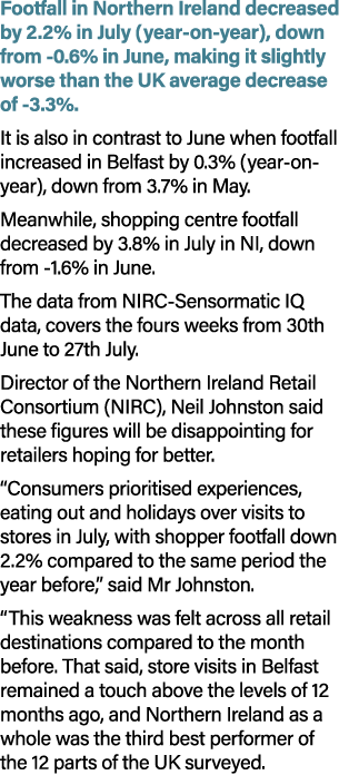 Footfall in Northern Ireland decreased by 2.2% in July (year on year), down from 0.6% in June, making it slightly wor...