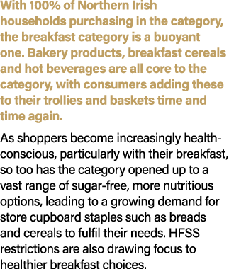With 100% of Northern Irish households purchasing in the category, the breakfast category is a buoyant one. Bakery pr...