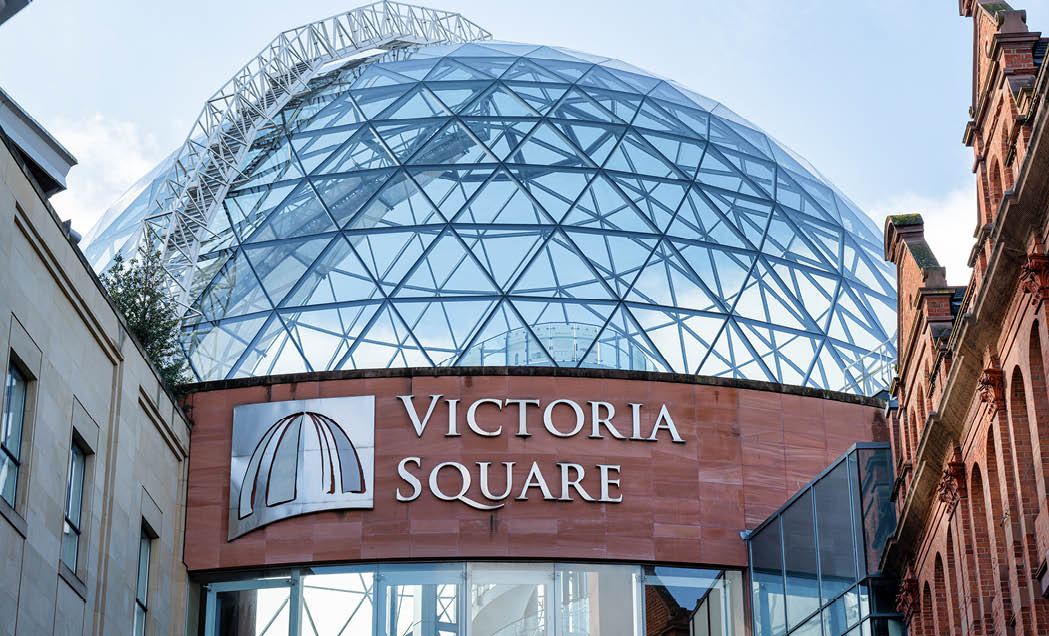 Belfast, UK- Feb 19, 2022: Victoria Square shopping centre glass dome in Belfast Northern Ireland.