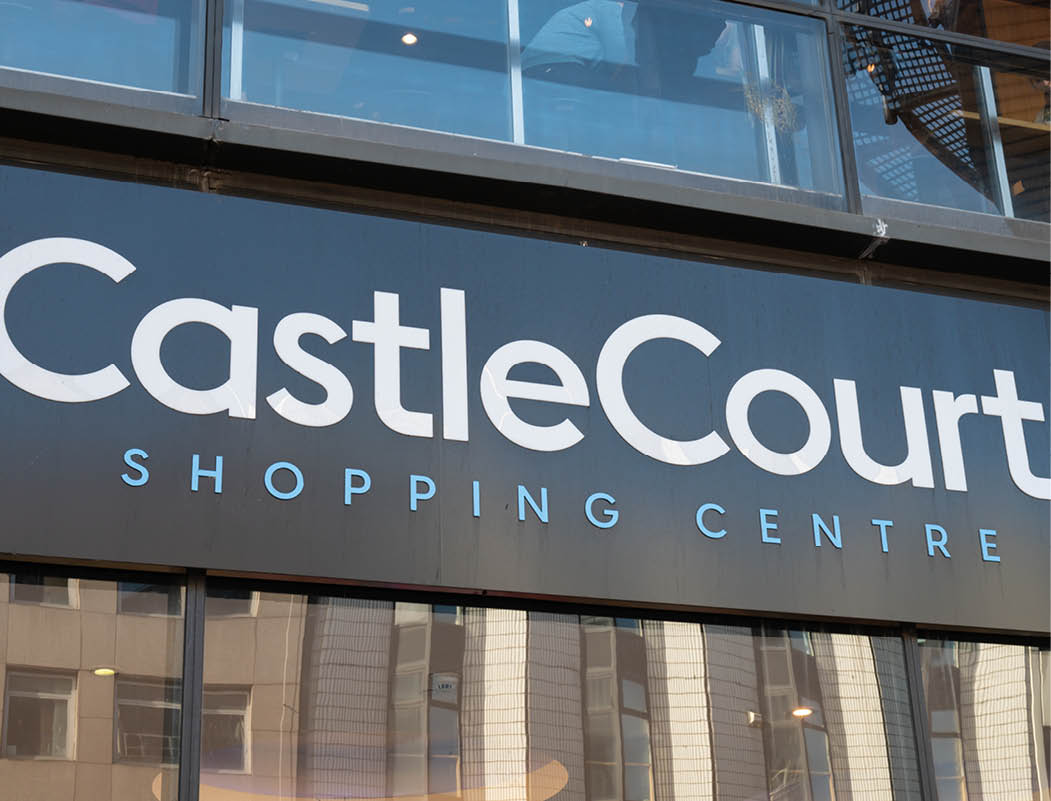 Belfast, UK- Feb 21, 2022:The sign for Castle Court Shopping Centre in Belfast Northern Ireland.