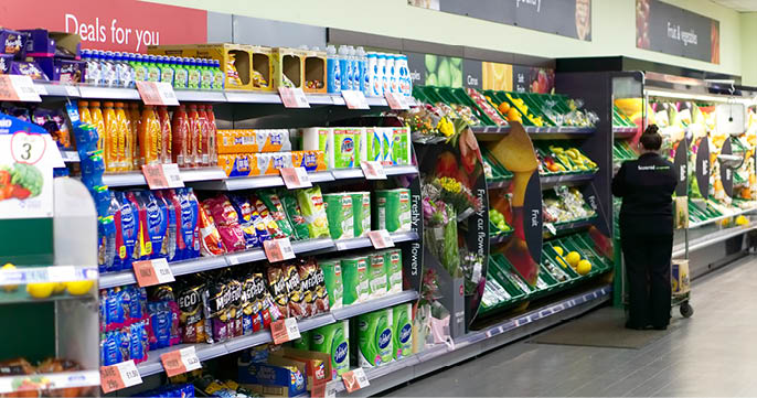 WEST CALDER, SCOTLAND, UK - AUGUST 24, 2017. A supermarket food aisle at Scotmid Co-operative supermarket.