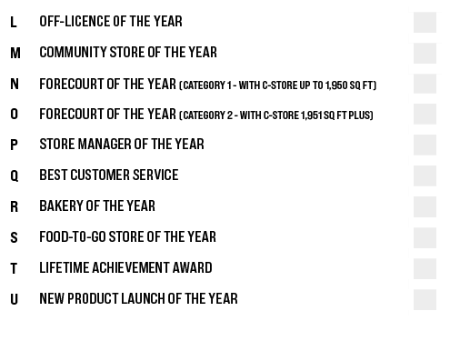 L,Off-Licence of the Year,    ,M,Community Store of the Year,,N,Forecourt of the Year (Category 1 - with c-store up ...