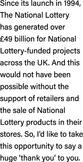 Since its launch in 1994, The National Lottery has generated over £49 billion for National Lottery funded projects ac...