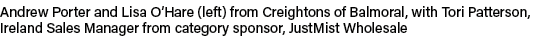 Andrew Porter and Lisa O’Hare (left) from Creightons of Balmoral, with Tori Patterson, Ireland Sales Manager from cat...