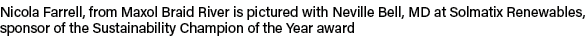 Nicola Farrell, from Maxol Braid River is pictured with Neville Bell, MD at Solmatix Renewables, sponsor of the Susta...