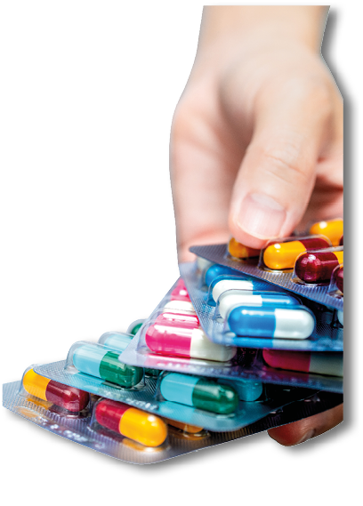 Pharmacist or doctor hand holding pack of antibiotic capsule pills and giving patient or people. Antibiotic drug overuse. Antimicrobial drug resistance. Community pharmacist. Drugstore background.