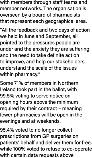 with members through staff teams and member networks. The organisation is overseen by a board of pharmacists that rep...