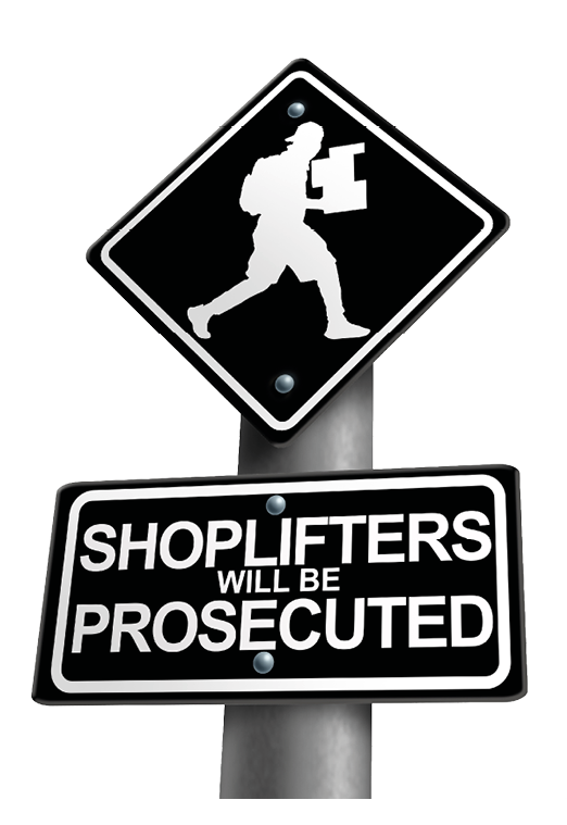 Shoplifting and Shoplifters as Retail crime theft problem to shoplift stores as a criminal shoplifter stealing merchandise from a retailer as larceny and prosecution as a 3D illustration.