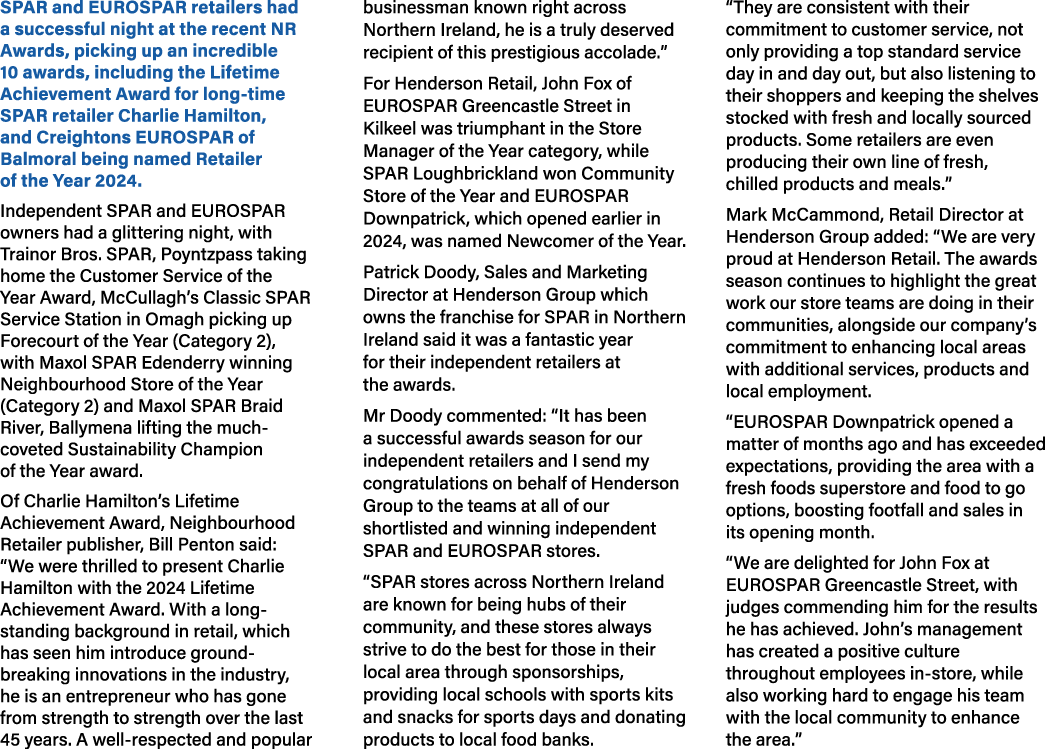 SPAR and EUROSPAR retailers had a successful night at the recent NR Awards, picking up an incredible 10 awards, inclu...