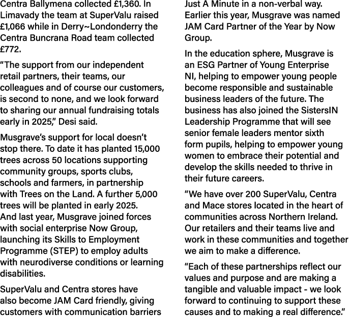 Centra Ballymena collected £1,360. In Limavady the team at SuperValu raised £1,066 while in Derry~Londonderry the Cen...