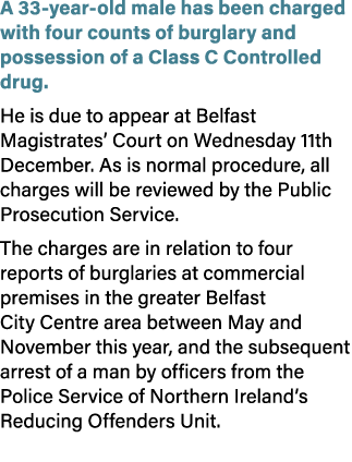 A 33 year old male has been charged with four counts of burglary and possession of a Class C Controlled drug. He is d...