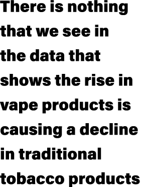 There is nothing that we see in the data that shows the rise in vape products is causing a decline in traditional tob...