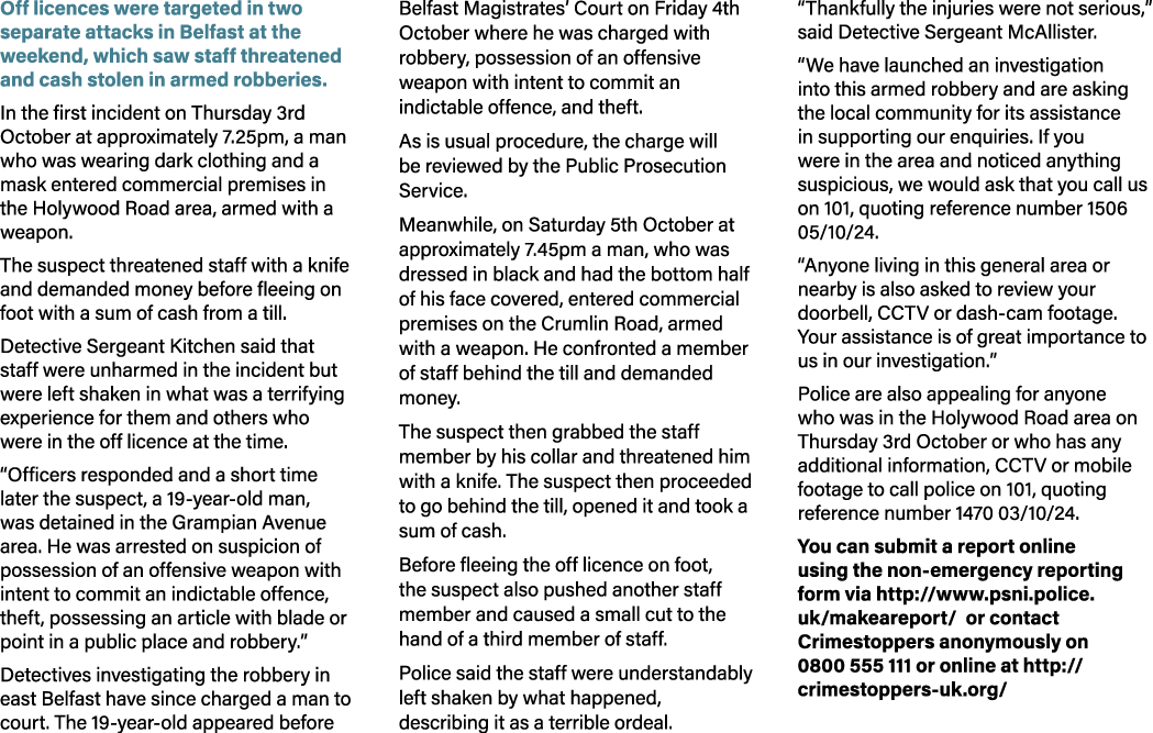 Off licences were targeted in two separate attacks in Belfast at the weekend, which saw staff threatened and cash sto...