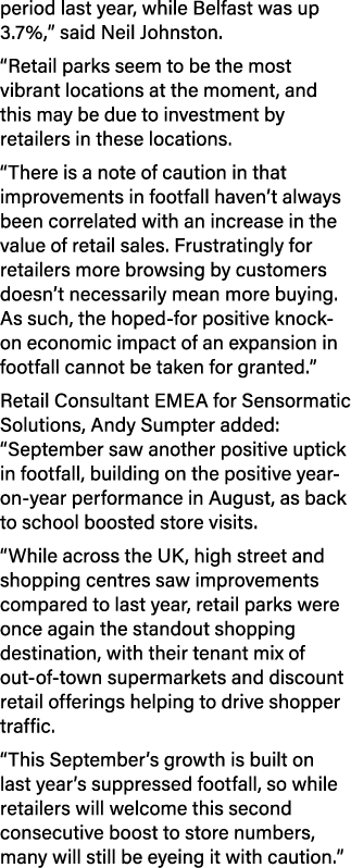 period last year, while Belfast was up 3.7%,” said Neil Johnston. “Retail parks seem to be the most vibrant locations...