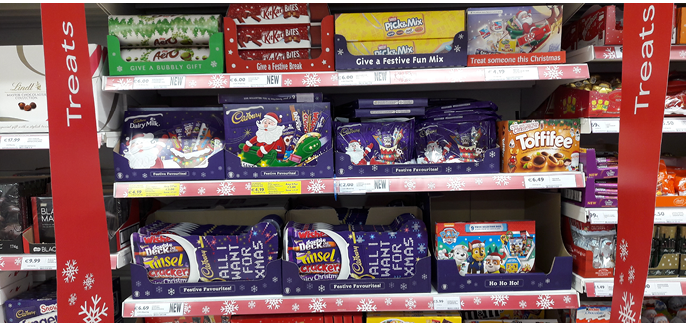 Limerick, Ireland - Nov 8th, 2017: Famous Christmas tradition in Ireland and the UK, giving Christmas chocolate selection boxes. Selection of chocolates and chocolate candy sweets on shelves in store