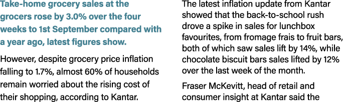 Take home grocery sales at the grocers rose by 3.0% over the four weeks to 1st September compared with a year ago, la...