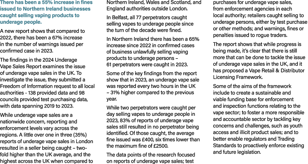 There has been a 55% increase in fines issued to Northern Ireland businesses caught selling vaping products to undera...