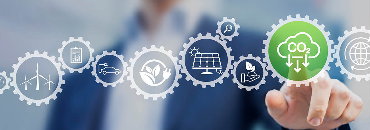 Reduce CO2 emissions and carbon footprint to limit global warming and climate change. Sustainable development and green business based on renewable energy, electric transport, offset by planting tree