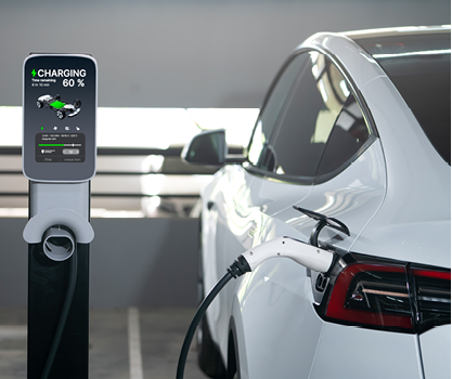 EV electric car recharge at shopping center parking lot charging in downtown city showing urban sustainability lifestyle by green clean rechargeable energy of electric vehicle innards